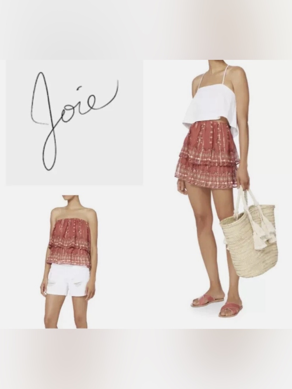 Joie Layne Silk Terracotta Boho Ruffle Tiered Skirt/Top w Metallic Gold Thread M